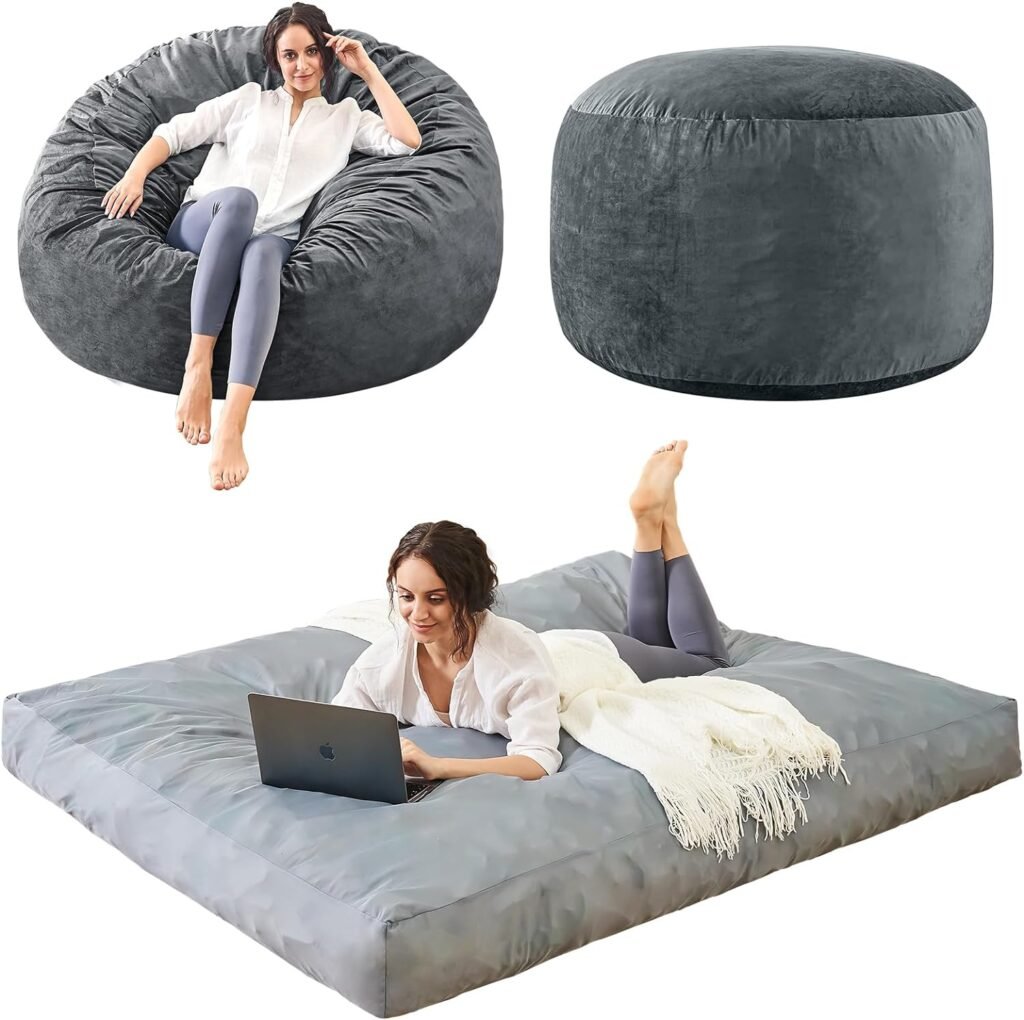 Bean Bag Chair Stuffed with Foam - Folding Beanbag Chairs Lounge Sofa Bed for Adults/Kids - Full Size Memory Foam Mattress - Big Couch with Soft Micro Fiber Cover in Bedroom Dorm Room - 4 ft, Grey