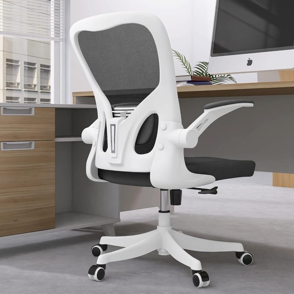 Monhey Office Chair - Ergonomic Office Chair with Lumbar Support  Flip Up Arms Home Office Desk Chairs Rockable High Back Swivel Computer Chair White Frame  Black Mesh Study Chair