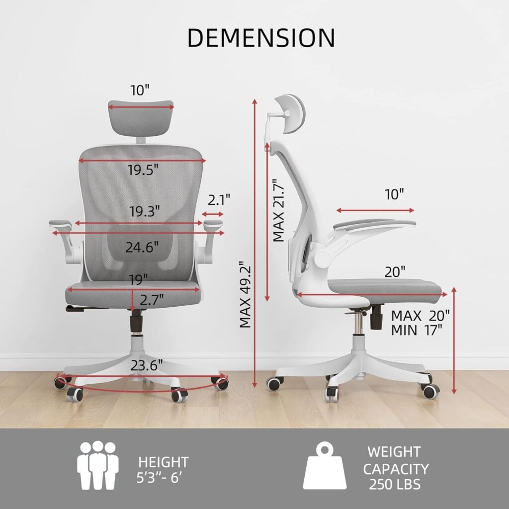 Monhey Office Chair - Ergonomic Office Chair with Lumbar Support  Flip Up Arms Home Office Desk Chairs Rockable High Back Swivel Computer Chair White Frame  Black Mesh Study Chair