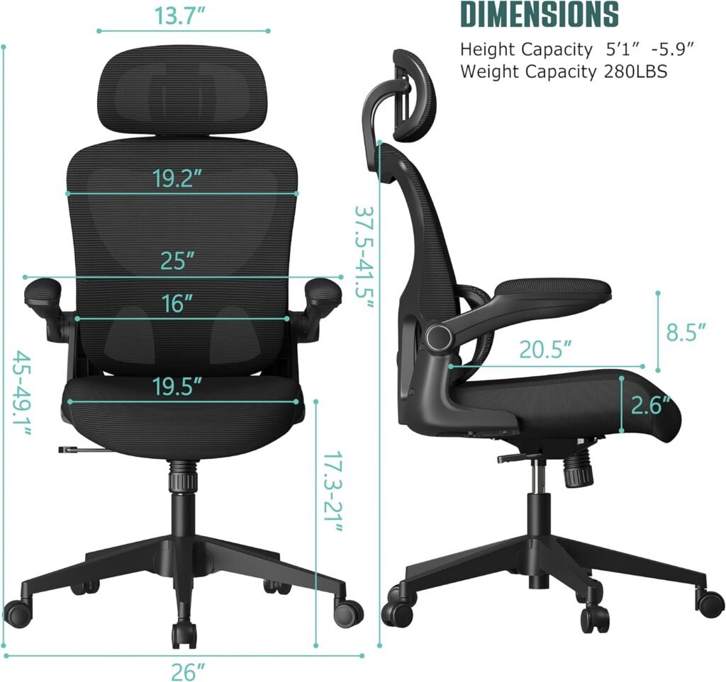 SUNNOW Mesh Office Chair, Ergonomic Desk Chair with Adjustable Lumbar Support  Flip-up Armrest, Comfort Wide Seat, High-Back Computer Task Chair for Home Office Student