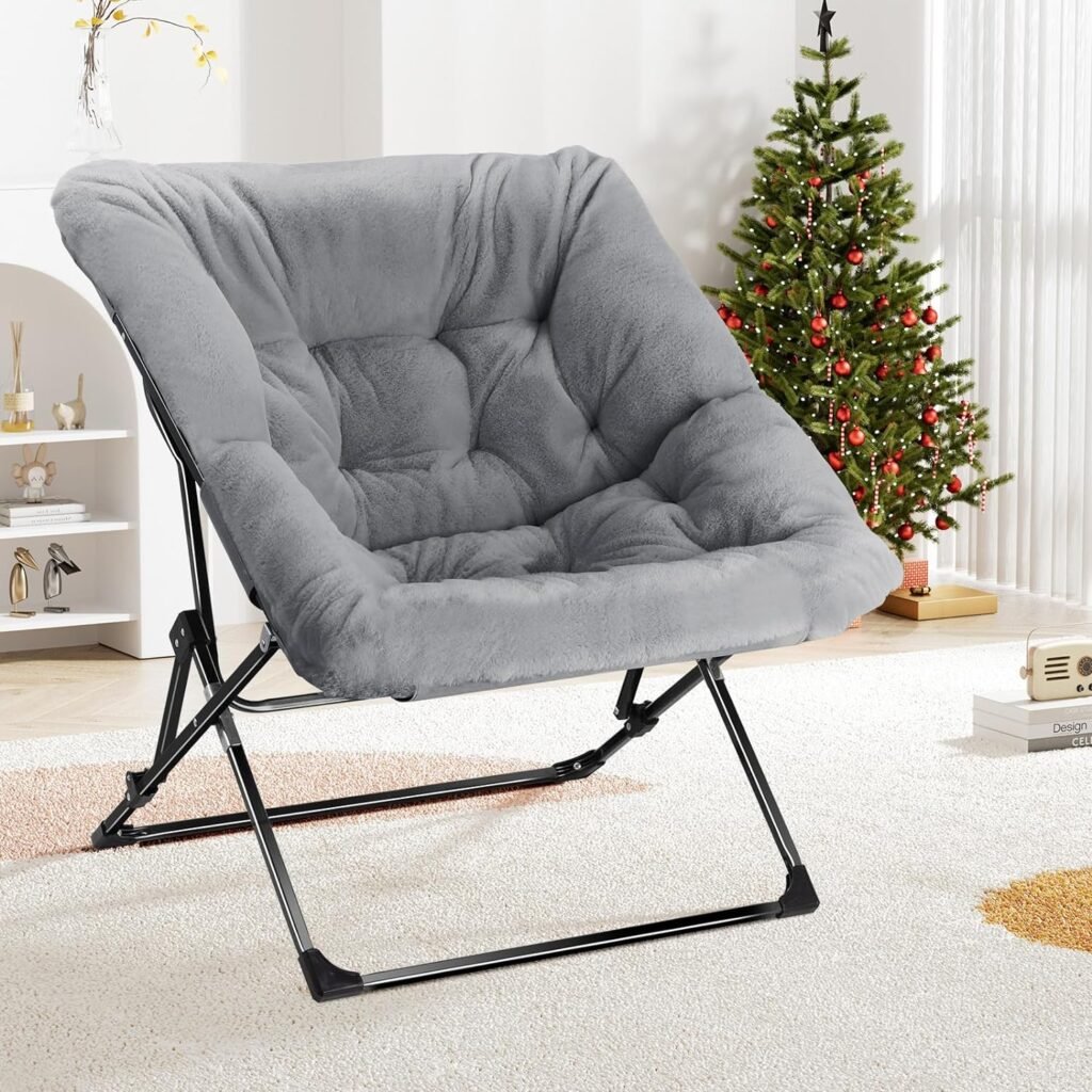 Comfy Saucer Chair, Folding Faux Fur Lounge Chair for Adults Teens Kids, Soft Lazy Flexible Seating Chair Moon Chair with Metal Frame for Bedroom, Living Room, Dorm Rooms(Grey)