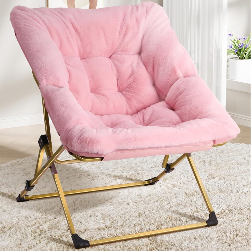 Comfy Saucer Chair, Soft Folding Faux Fur Lounge Lazy Chair for Kids Girls Teens Adults, Flexible Seating Dorm Reading Chairs for Bedroom, Living Room Gold Metal Frame, Pink
