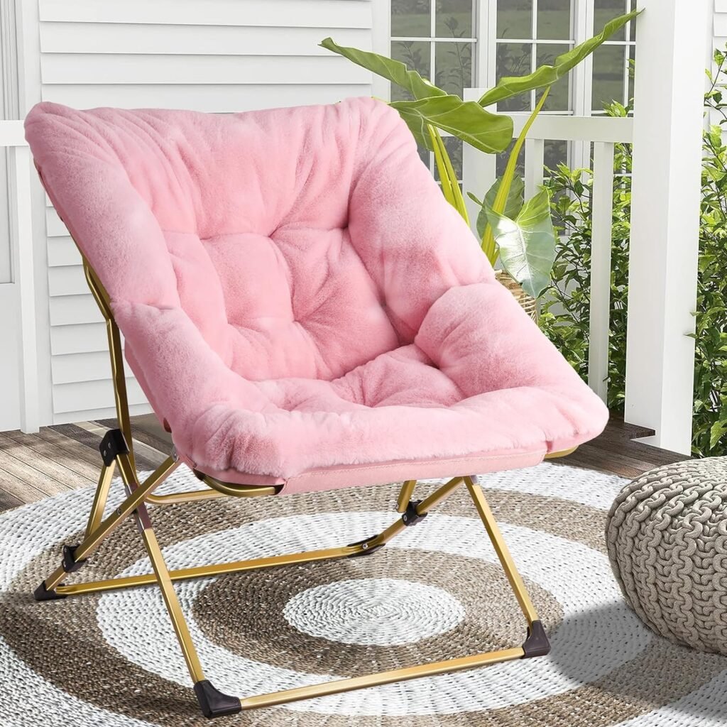 Comfy Saucer Chair, Soft Folding Faux Fur Lounge Lazy Chair for Kids Girls Teens Adults, Flexible Seating Dorm Reading Chairs for Bedroom, Living Room Gold Metal Frame, Pink