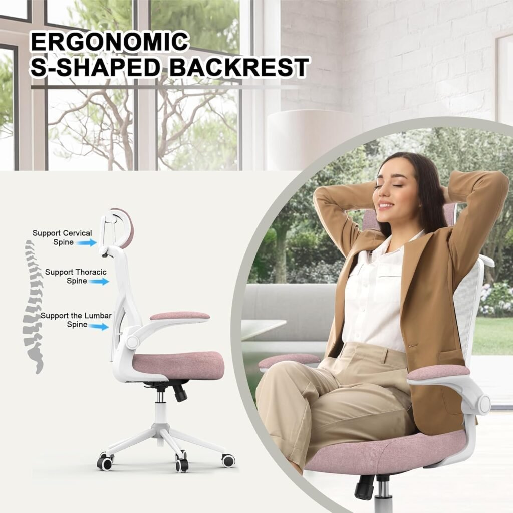 Ergonomic Office Chair, High Back Mesh Desk Chair with Thick Molded Foam Cushion, Coat Hanger, Adjustable Headrest, Lumbar Support, Tilt  Lock Function-Task Chair (Petal Pink)
