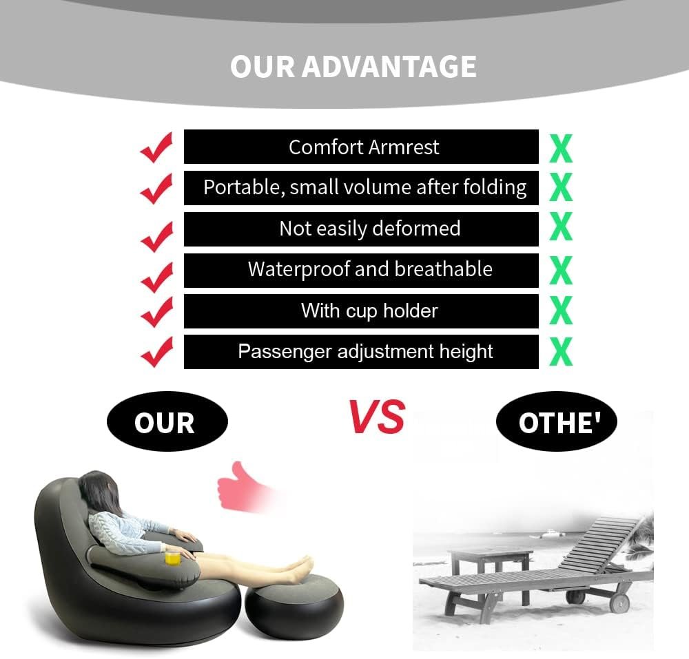 Inflatable Lounge Chair with Ottoman  Cup Holder, Portable Blow Up Sofa, Air Chaise Lounge,Lazy Couch for Camping,Gaming,Lunch Break,Garden,Party,Enjoy Sunbathing (Pump Not Incl.