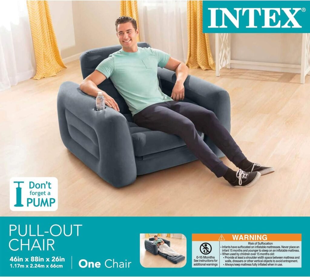 Intex 66551EP Inflatable Pull-Out Sofa Chair Sleeper That Works as a Air Bed Mattress, Twin Sized