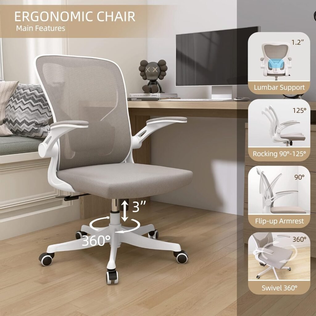 Monhey Desk Computer Chairs - Ergonomic with Lumbar Support  Flip-up Arms Home Office Height Adjustable High Back Rockable Swivel 360° Warm Taupe Mesh Study Chair