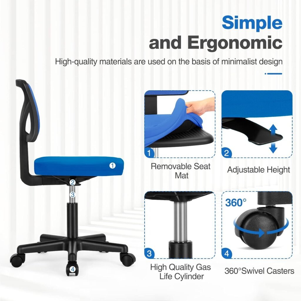 Armless Small Home Office Desk Chair, Ergonomic Low Back Computer Chair, Adjustable Rolling Swivel Task Chair with Lumbar Support for Small Space, 1 Pack