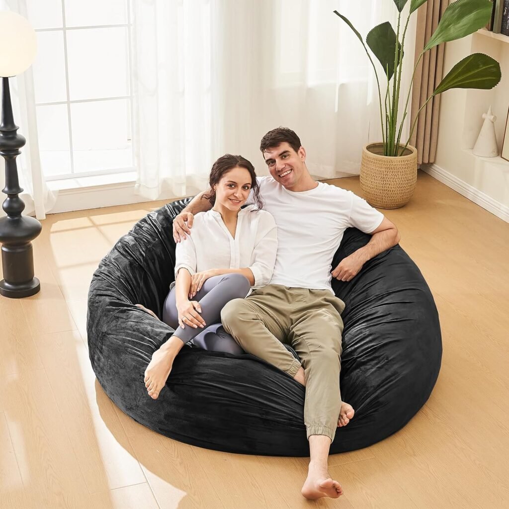 Bean Bag Chairs for Adults - 3 Memory Foam Furniture BeanBag Chair - Kids/Teens Sofa with Soft Micro Fiber Cover - Round Fluffy Couch for Living Room Bedroom College Dorm - 3 ft, Black