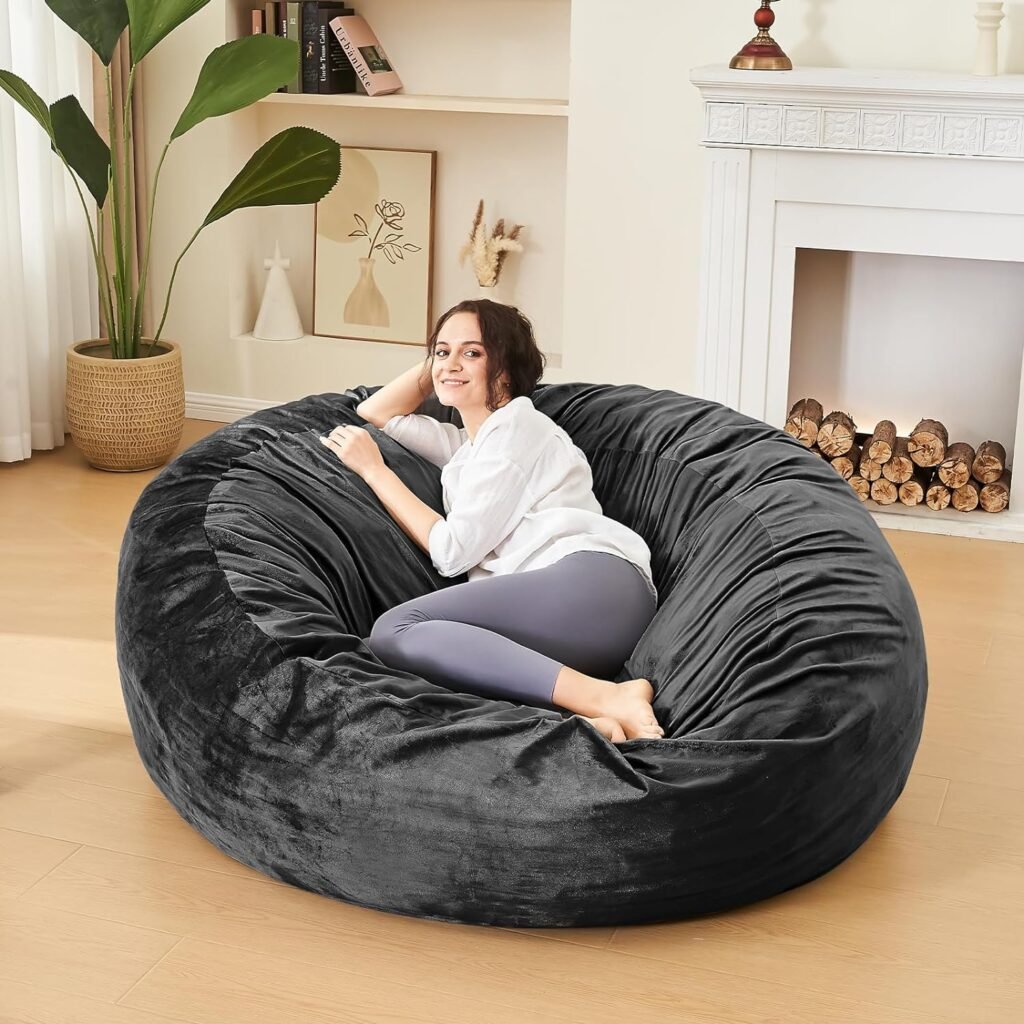 Bean Bag Chairs for Adults - 3 Memory Foam Furniture BeanBag Chair - Kids/Teens Sofa with Soft Micro Fiber Cover - Round Fluffy Couch for Living Room Bedroom College Dorm - 3 ft, Black