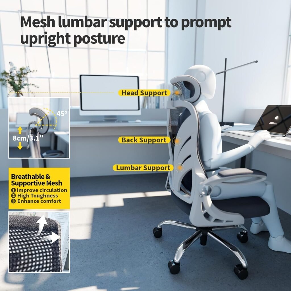 Ergonomic Office Chair with Foldable Backrest, Computer Desk Chair with Flip-up Armrests, Mesh Lumbar Support and Tilt Function Big and Tall Office Chair, White