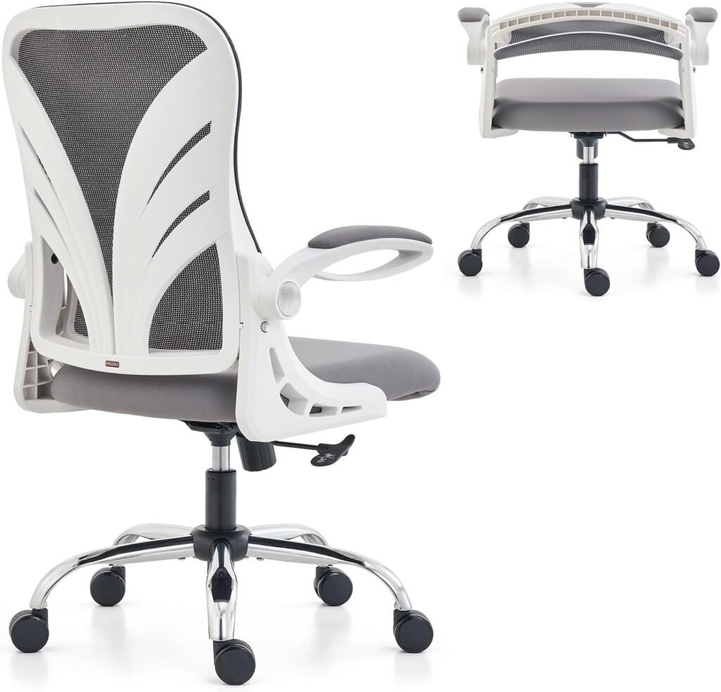 Ergonomic Office Chair with Foldable Backrest, Computer Desk Chair with Flip-up Armrests, Mesh Lumbar Support and Tilt Function Big and Tall Office Chair, White