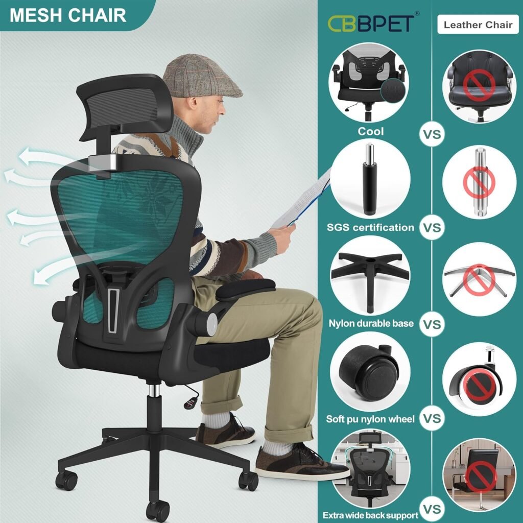 CBBPET Ergonomic Office Chair,Computer Chair with Lumbar Support,Home Office Desk Chairs,Home Office Swivel Mesh Chair Flip-Up Armrests, Executive Office Chair with Wheels (Chair)