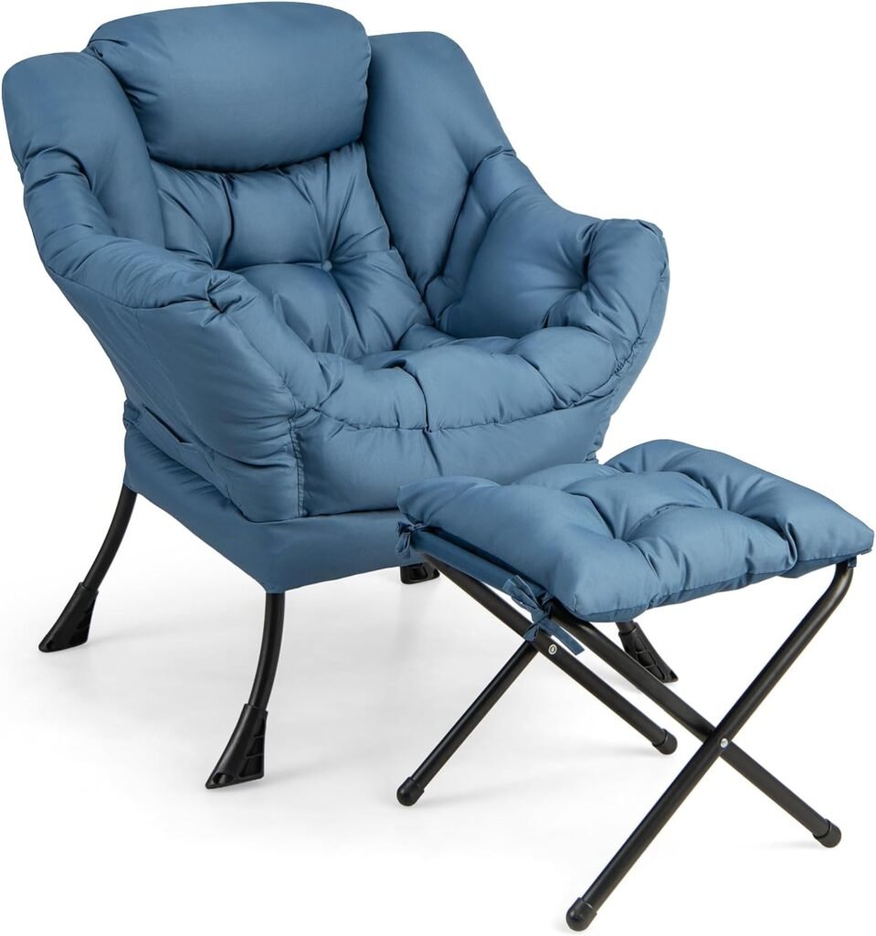 Giantex Lazy Chair with Ottoman, Accent Sofa Chair with Folding Footrest, Side Storage Pocket, Upholstered Leisure Lounge Armchair with Stool for Bedroom, Living Room, Office, Blue