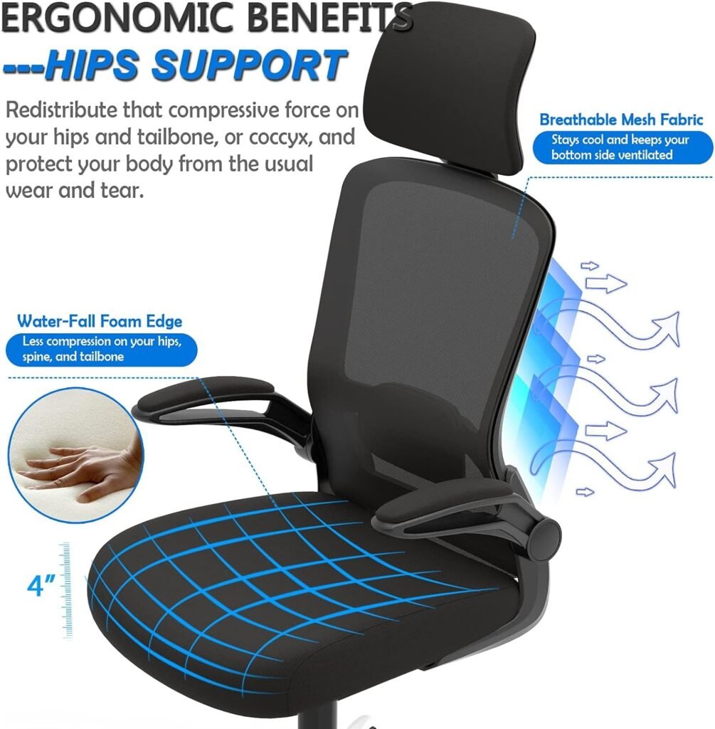 Home Office Chair, Ergonomic Desk Chair with Adjustable Lumbar Support, High Back Computer Chair- Adjustable Headrest with Flip-Up Arms, Swivel Task Chair for Home Office (Black)