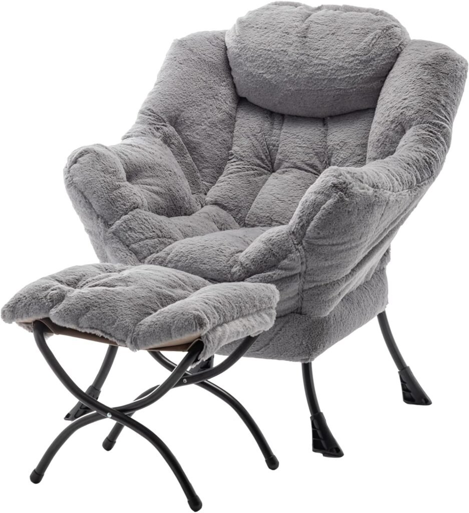 Lazy Chair with Ottoman, Modern Soft Reading Chair Accent Contemporary Lounge Leisure Sofa Chair with Armrests and a Side Pocket for Living Room, Bedroom, Dorm  Office, Plush Grey
