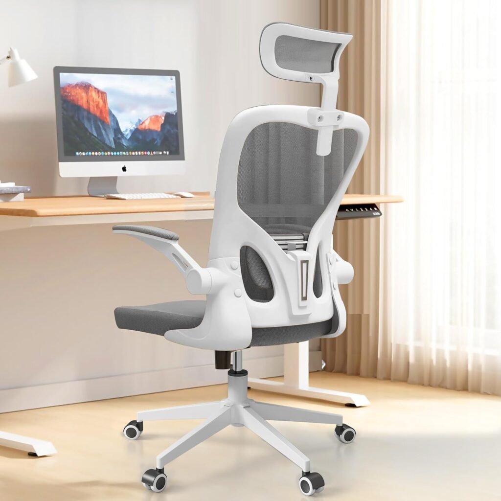 Monhey Office Chairs, Ergonomic Office Chair, Computer Chair with Adjustable Headrest, Lumbar Support, 2D Armrest, Metal Base and Iron Legs, White Frame Grey Mesh Office Chair
