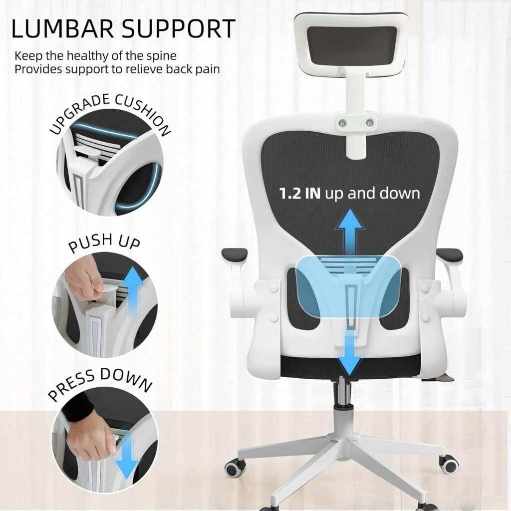 Monhey Office Chairs, Ergonomic Office Chair, Computer Chair with Adjustable Headrest, Lumbar Support, 2D Armrest, Metal Base and Iron Legs, White Frame Grey Mesh Office Chair