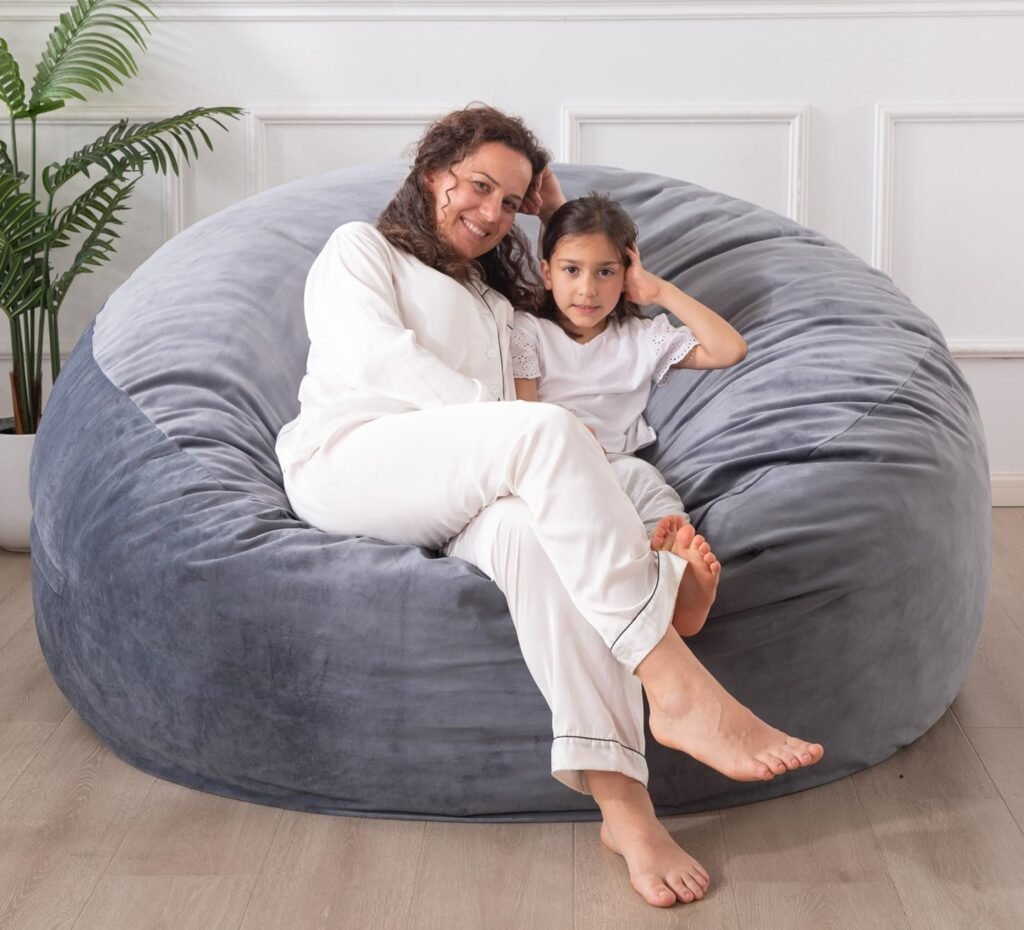 WhatsBedding 3 ft Memory Foam Bean Bag Chairs for Adults/Teens with Filling,3 Bean Bag Sofa with Ultra Soft Dutch Velvet Cover,Round Bean Bag for Living Room,3 Foot,Smoky Grey