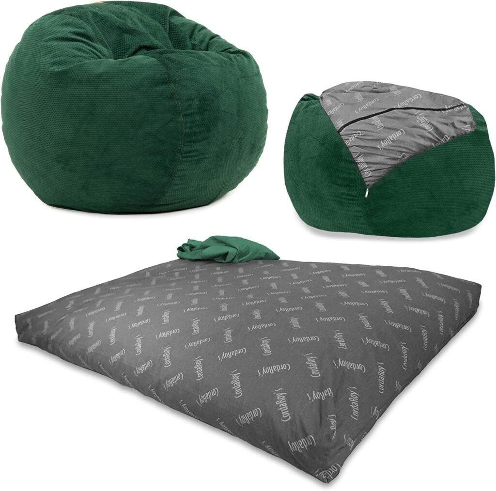 CordaRoys Chenille Bean Bag Chair, Convertible Chair Folds from Bean Bag to Lounger, As Seen on Shark Tank, Moss - Queen Size