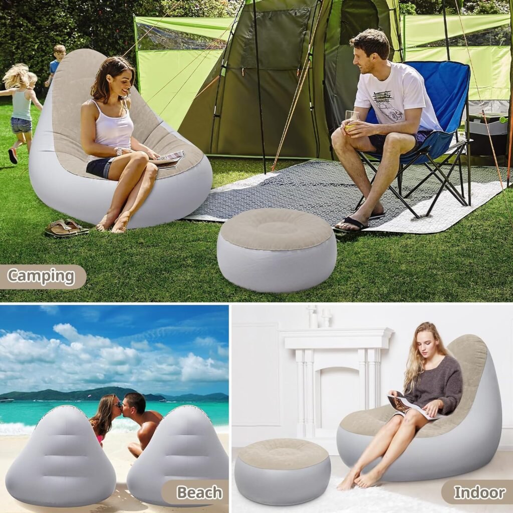 Inflatable Chair, Portable Fast Inflatable Sofa Chair with Foot Stool and Air Pump, Surface with Plush Smooth Comfortable Ideal for Living Room, Room and Outdoor Camping use（Coffee+Air Pump）