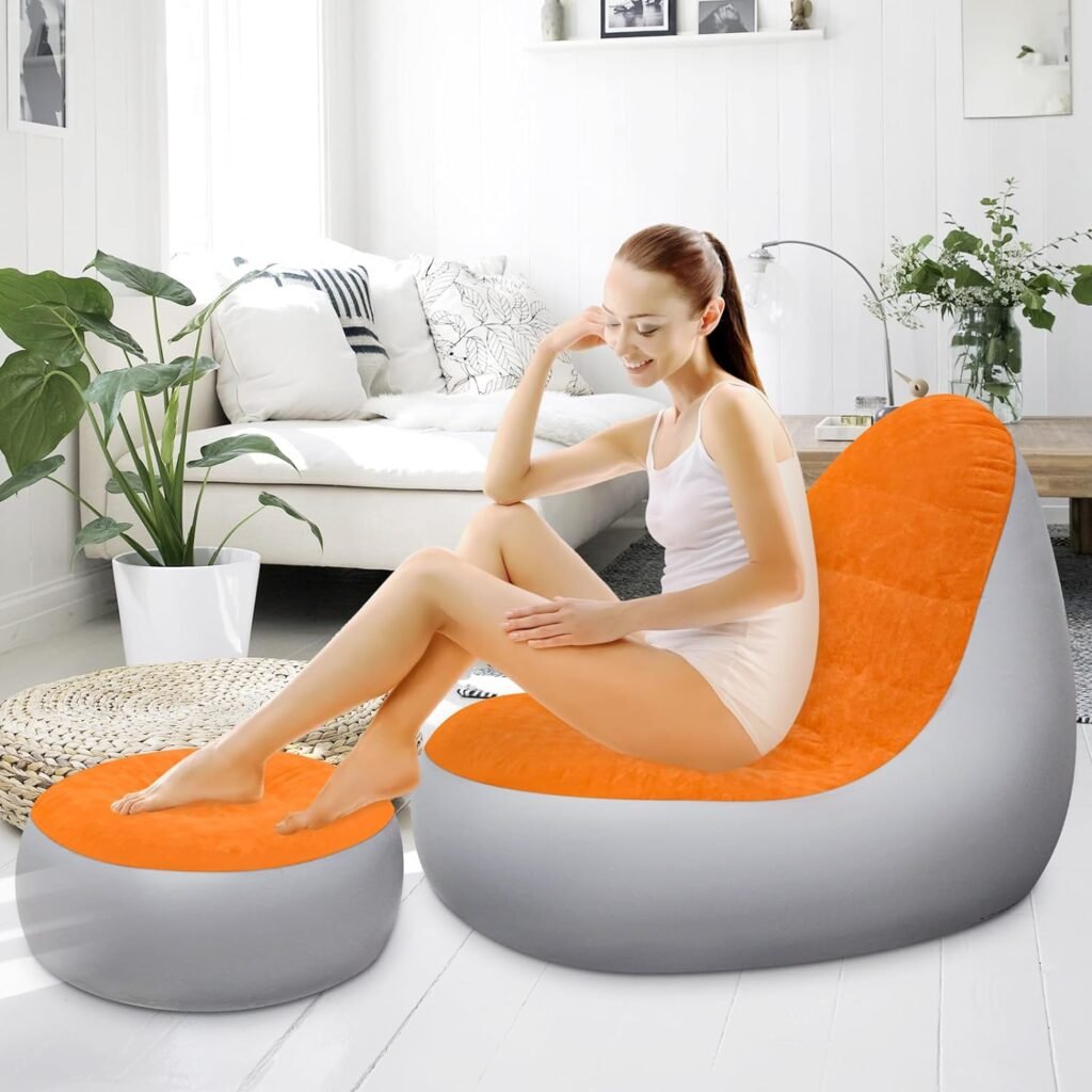 Inflatable Chair, Portable Fast Inflatable Sofa Chair with Foot Stool and Air Pump, Surface with Plush Smooth Comfortable Ideal for Living Room, Room and Outdoor Camping use（Coffee+Air Pump）