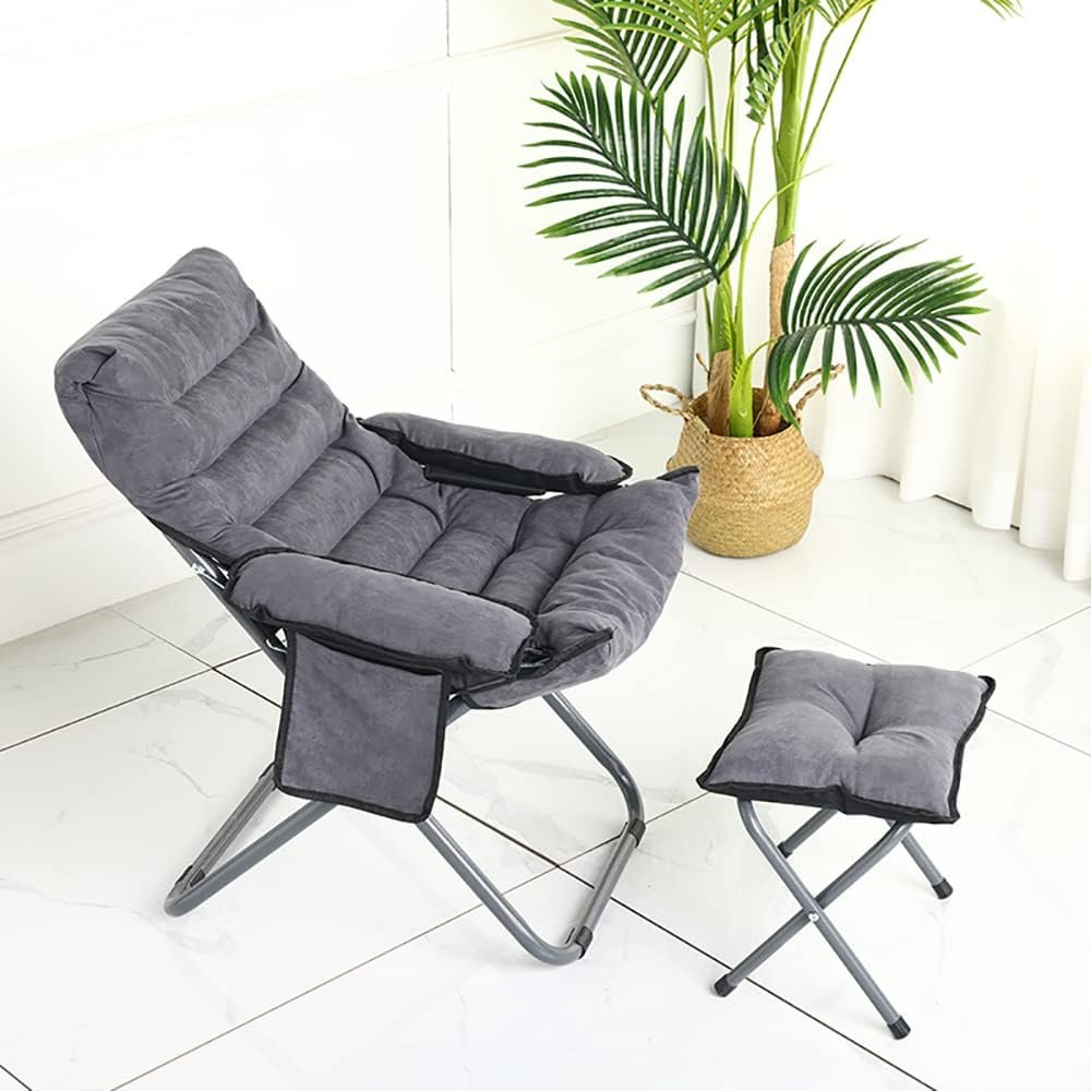 Living Room Lazy Chair with Ottoman, Foldable Lounge Reclining Armchair Comfy Chair with Side Pocket Footrest for Bedroom/Office/Hosting, Grey